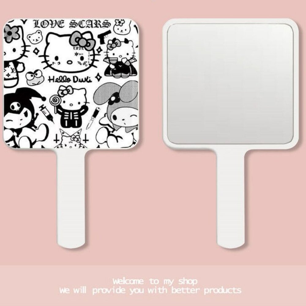 SANRIO  HELLO KITTY Hand Mirror Small White w/ Kitty in Black & White Kawaii